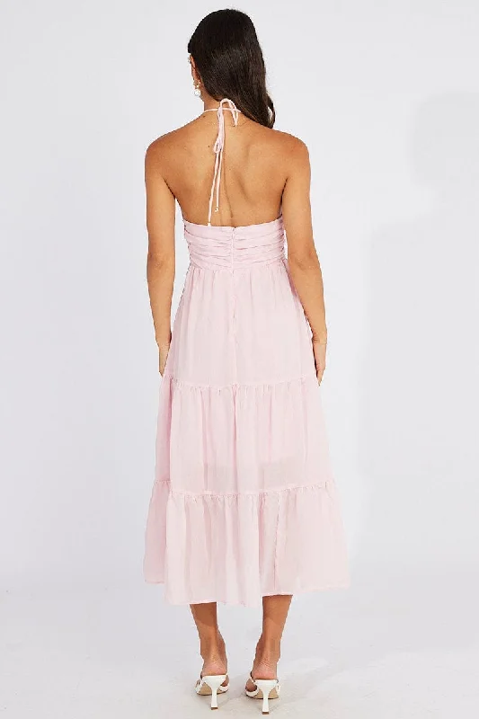 Pink Maxi Dress Halter Neck Tiered