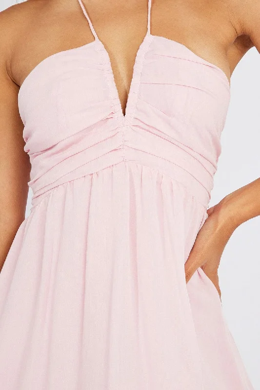 Pink Maxi Dress Halter Neck Tiered