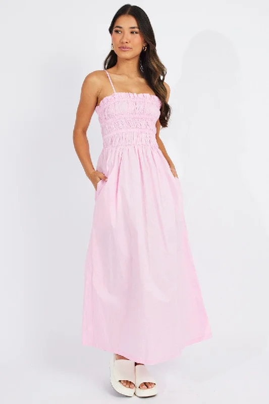 Pink Maxi Dress Sleeveless Shirred