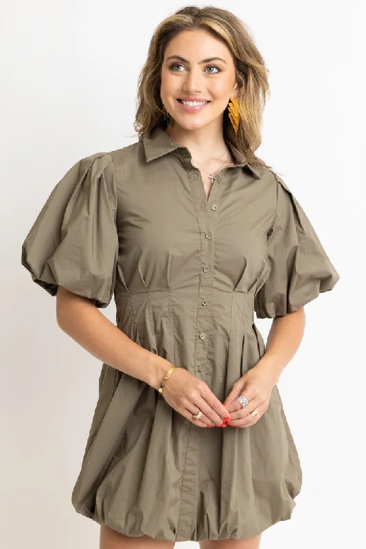 Pleat Bubble Hem Shirt Dress