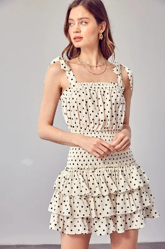 Ribbon Tie Ruffled Polka Mini Dress