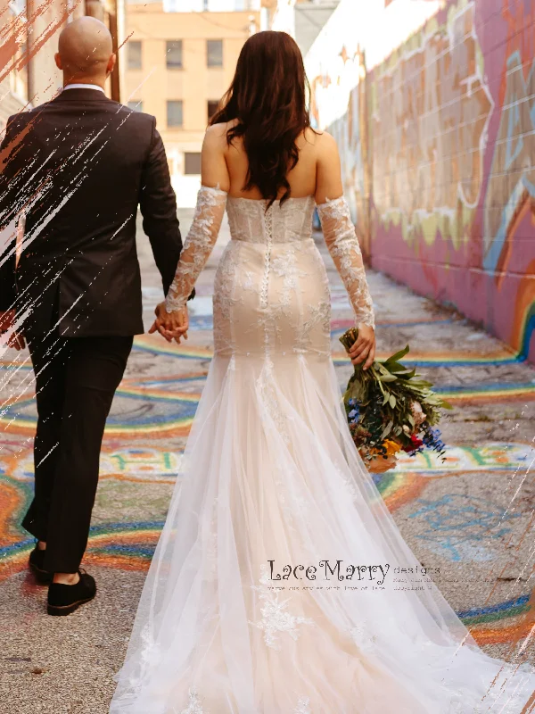 ROSALEEN / Strapless Wedding Dress with Long Removable Sleeves