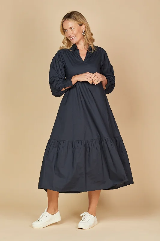 Sabre V-Neck Poplin Dress in Navy