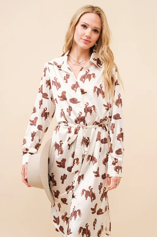 Satin Western Print Button Up Shirt Dress