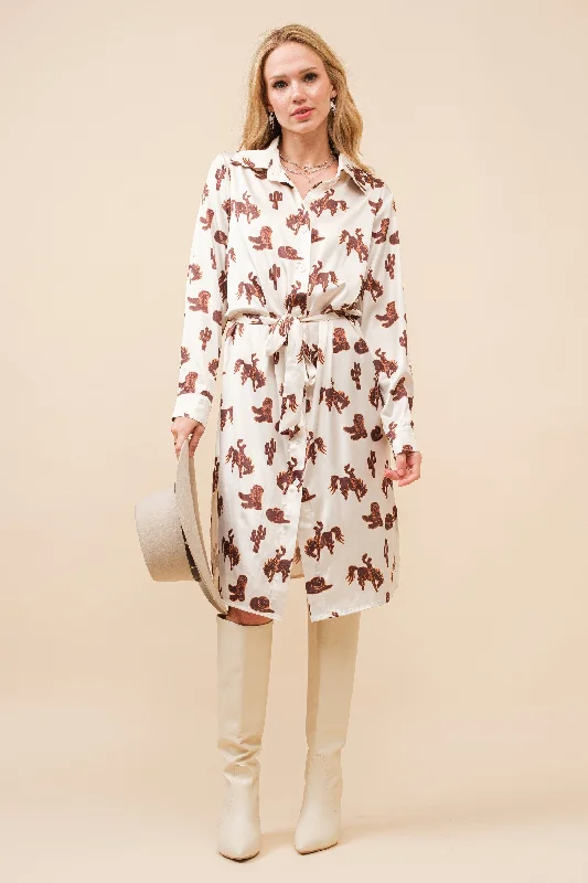 Satin Western Print Button Up Shirt Dress