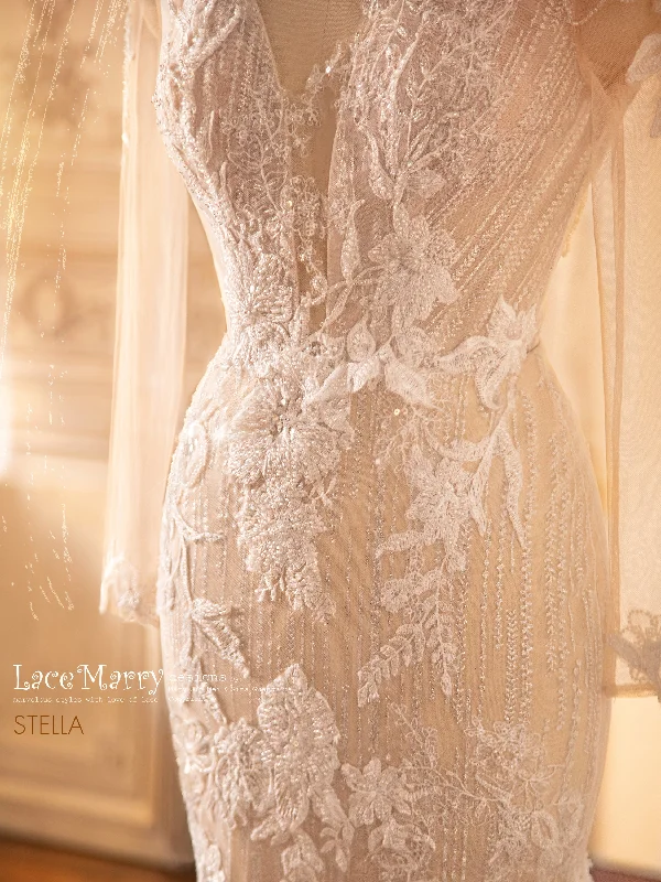 STELLA / Fitted Wedding Dress with Gorgeous Beaded Flower Appliques