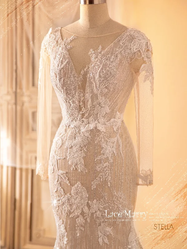 STELLA / Fitted Wedding Dress with Gorgeous Beaded Flower Appliques