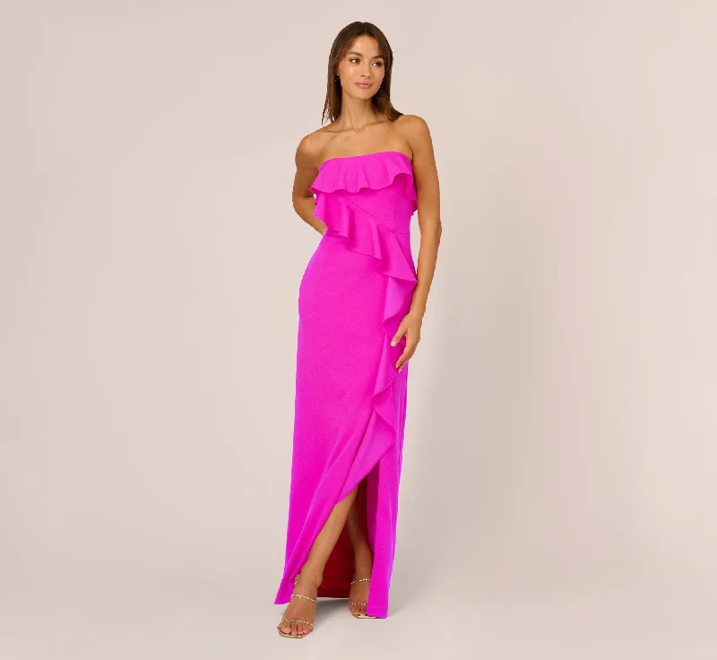 Stretch Crepe Strapless Column Gown With Ruffle Details In Pink Flame