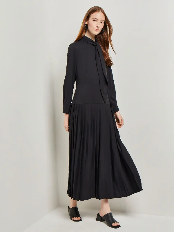 Tie Neck Pleated A-Line Maxi Dress, Black