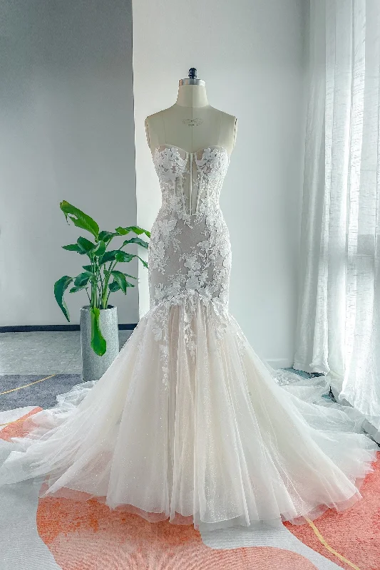 Trumpet-Mermaid Chapel Train Lace Tulle Wedding Dress CW3133