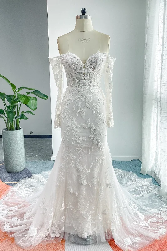 Trumpet-Mermaid Chapel Train Lace Tulle Wedding Dress CW3135