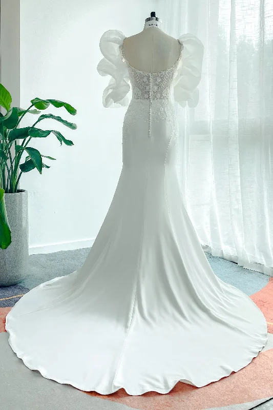 Trumpet-Mermaid Court Train Lace Stretch Satin Wedding Dress CW3137