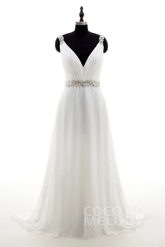 Sheath-Column Sweep-Brush Train Chiffon Wedding Dress LD4048