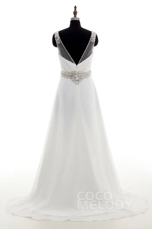 Sheath-Column Sweep-Brush Train Chiffon Wedding Dress LD4048