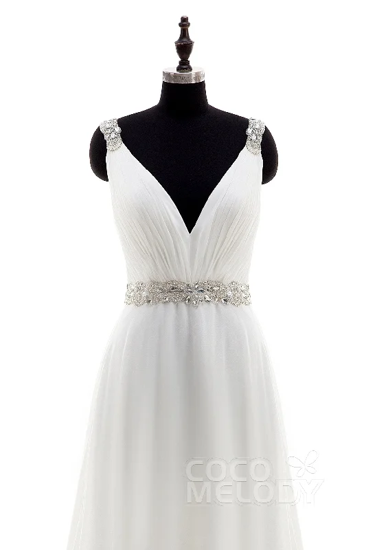 Sheath-Column Sweep-Brush Train Chiffon Wedding Dress LD4048