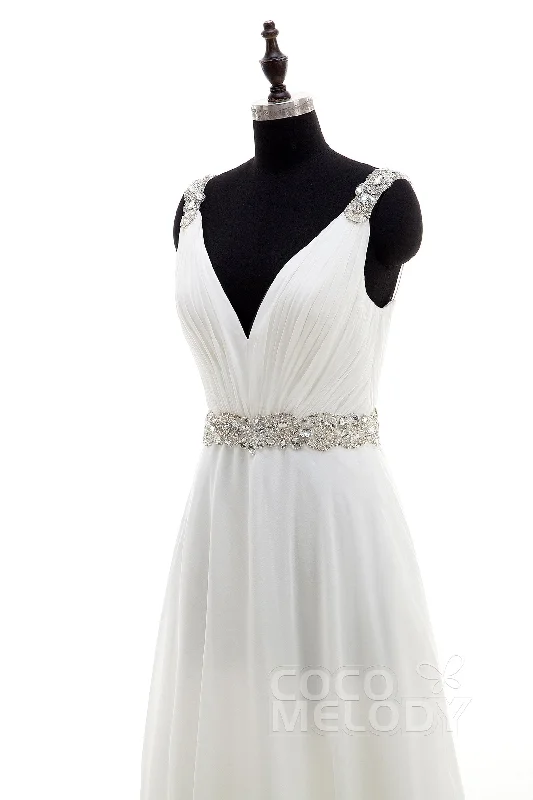 Sheath-Column Sweep-Brush Train Chiffon Wedding Dress LD4048