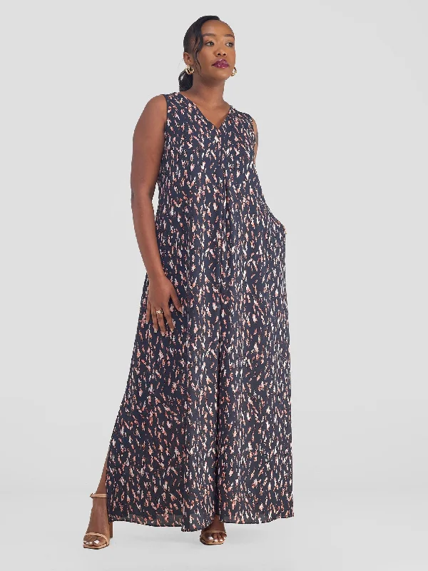 Vivo Ava Front Pleat Maxi Dress - Grey / Rust Print