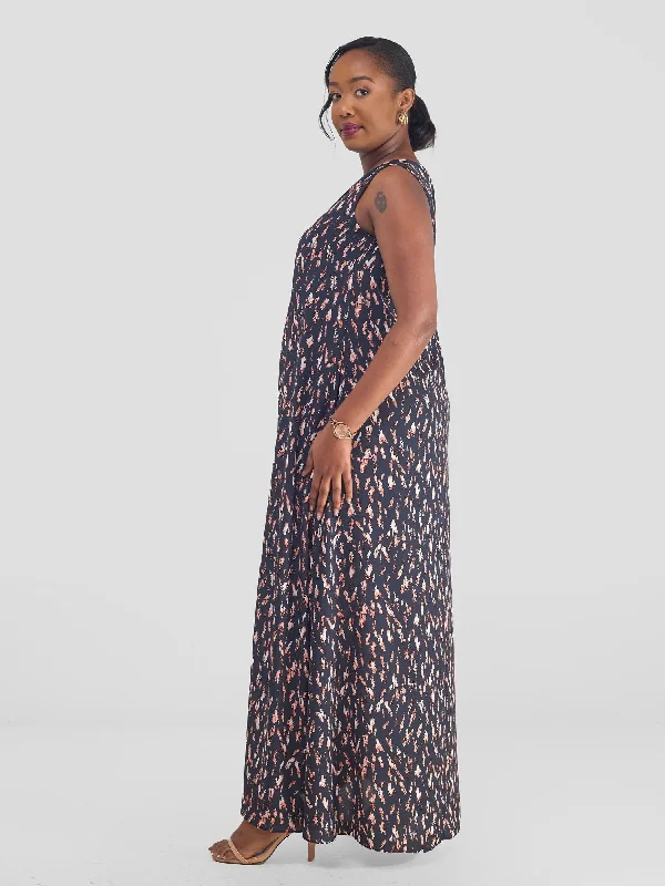 Vivo Ava Front Pleat Maxi Dress - Grey / Rust Print