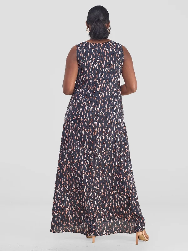 Vivo Ava Front Pleat Maxi Dress - Grey / Rust Print