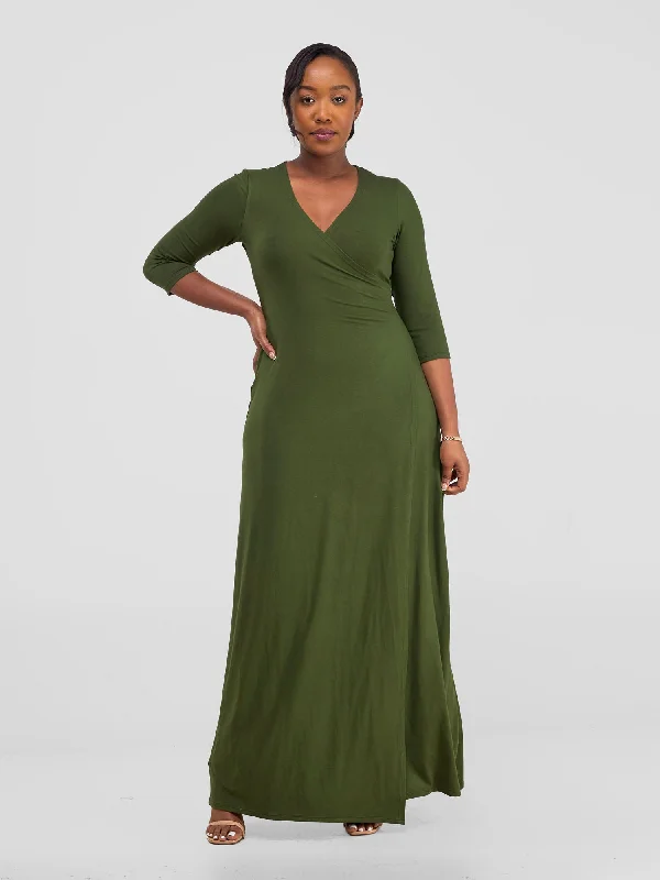 Vivo Basic 3/4 Sleeve A-Line Wrap Maxi Dress - Hunters