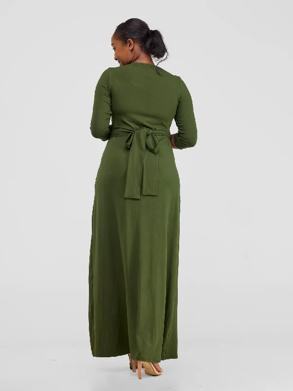 Vivo Basic 3/4 Sleeve A-Line Wrap Maxi Dress - Hunters