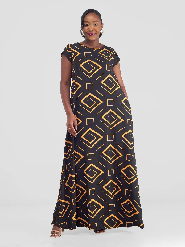 Vivo Basic Cap Sleeve Maxi Tent Dress - Black / Mustard Print