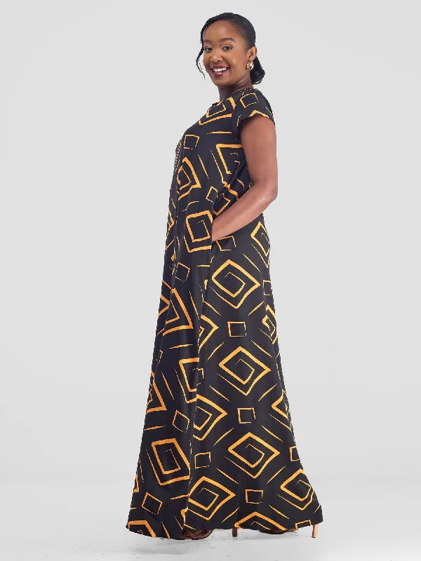 Vivo Basic Cap Sleeve Maxi Tent Dress - Black / Mustard Print