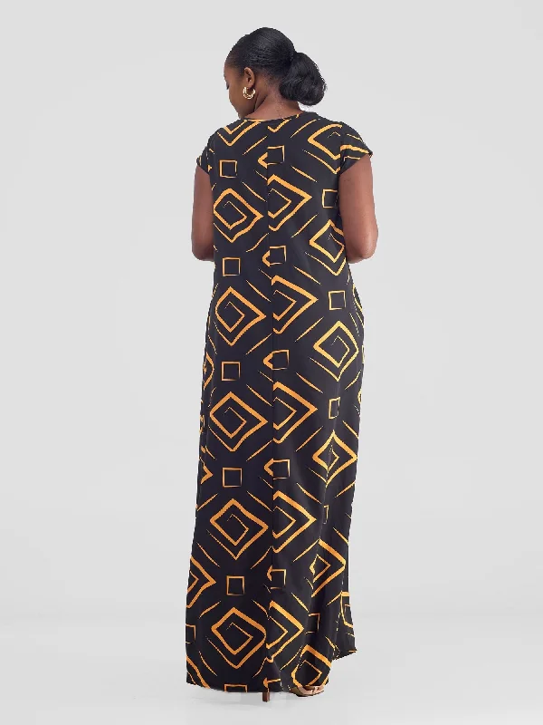 Vivo Basic Cap Sleeve Maxi Tent Dress - Black / Mustard Print