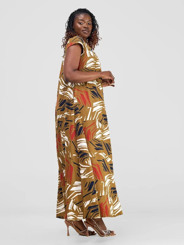 Vivo Basic Cap Sleeve Maxi Tent Dress - Brown / Red Print