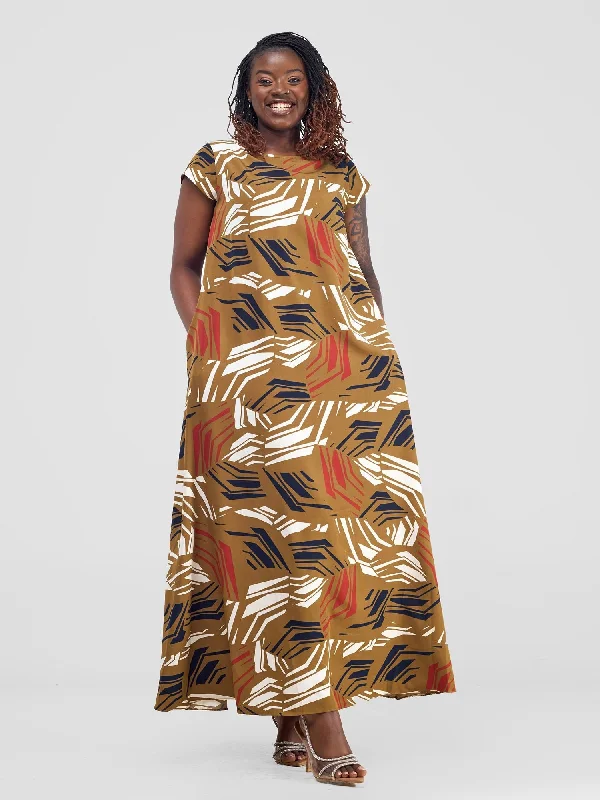 Vivo Basic Cap Sleeve Maxi Tent Dress - Brown / Red Print