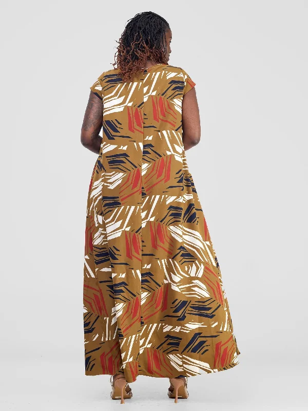 Vivo Basic Cap Sleeve Maxi Tent Dress - Brown / Red Print