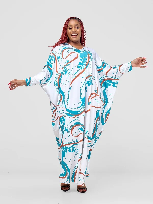 Vivo Lumi Cuffed Dolman Maxi Dress -  White / Teal Kita Print