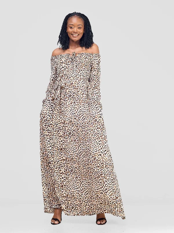 Vivo Zahari Off-Shoulder Maxi Dress - Brown / Beige Print