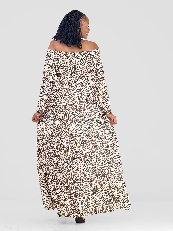 Vivo Zahari Off-Shoulder Maxi Dress - Brown / Beige Print