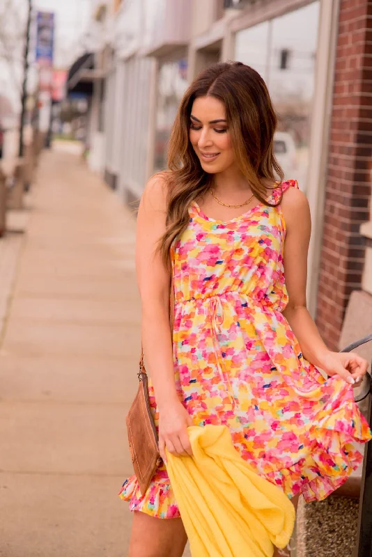 Watercolor Ruffle Accented Tank Dress