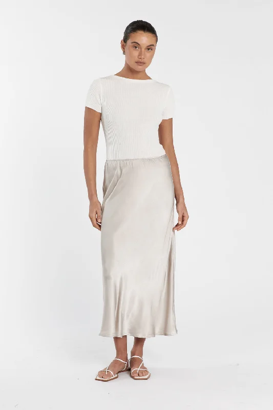 EMELIA CHALK SATIN MIDI SKIRT