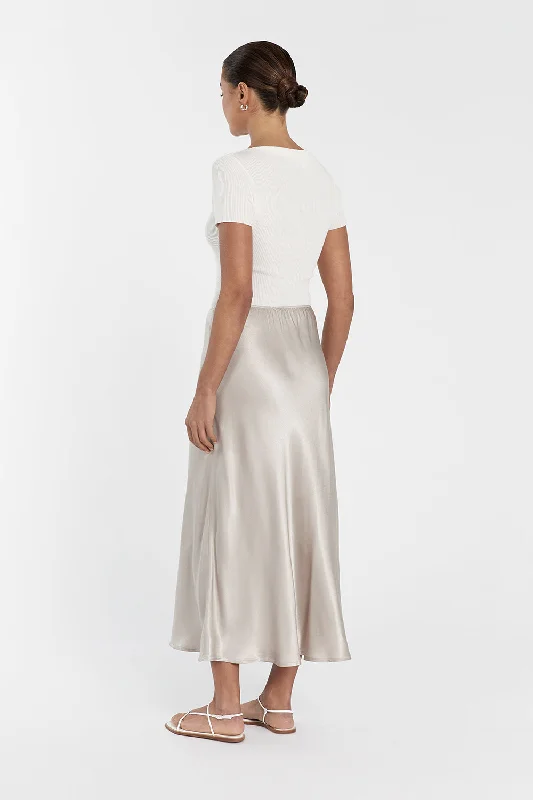 EMELIA CHALK SATIN MIDI SKIRT