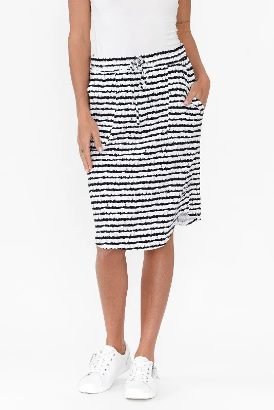 Navy Abstract Stripe Cotton Drawstring Skirt