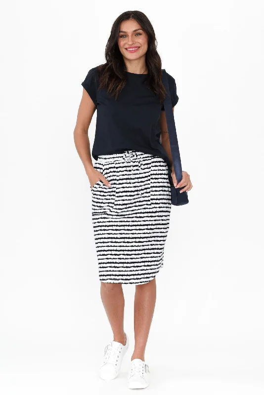 Navy Abstract Stripe Cotton Drawstring Skirt