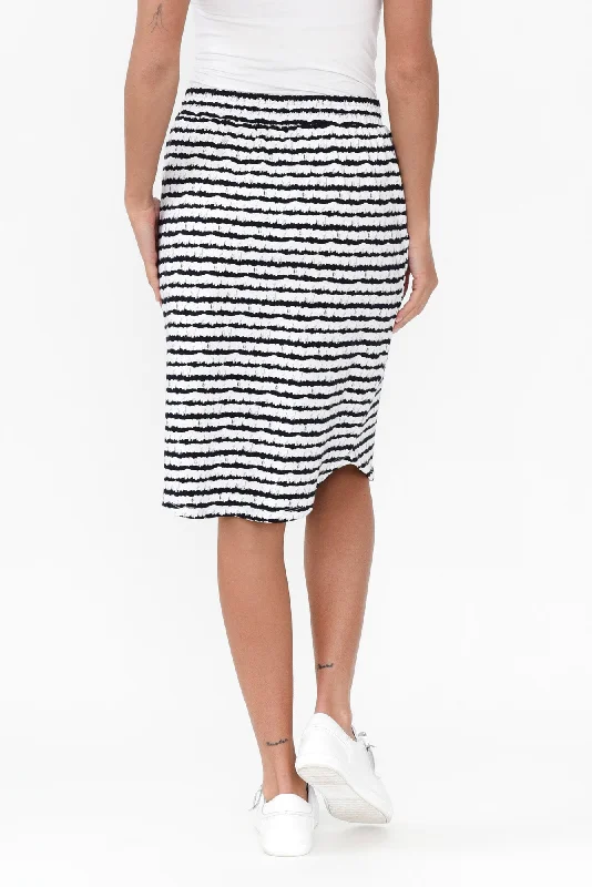 Navy Abstract Stripe Cotton Drawstring Skirt