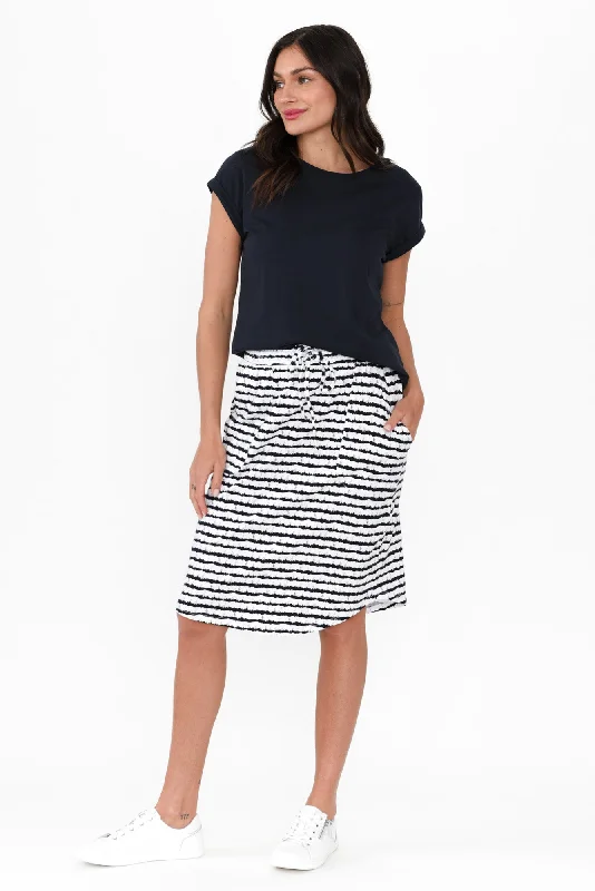 Navy Abstract Stripe Cotton Drawstring Skirt