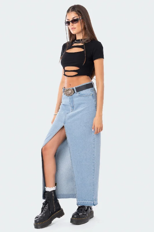 Front Slit Maxi Denim Skirt