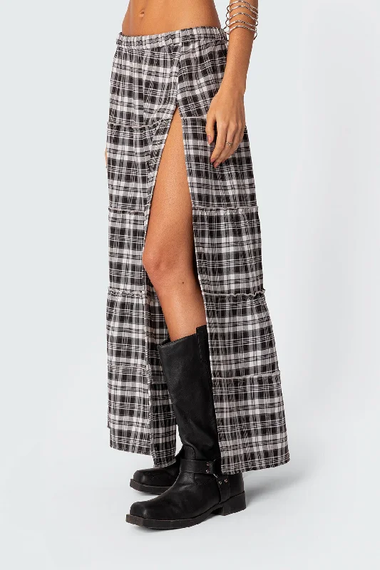 Plaid Side Slit Tiered Maxi Skirt