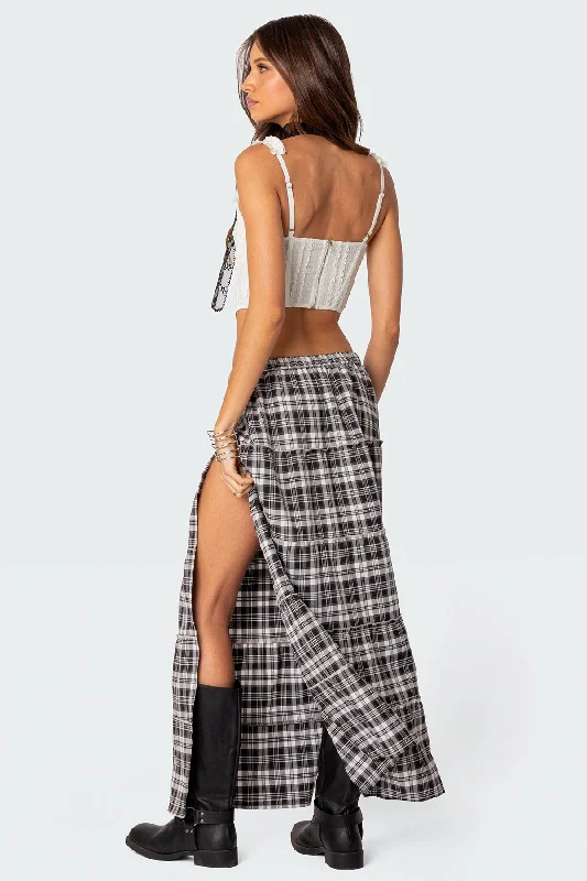 Plaid Side Slit Tiered Maxi Skirt