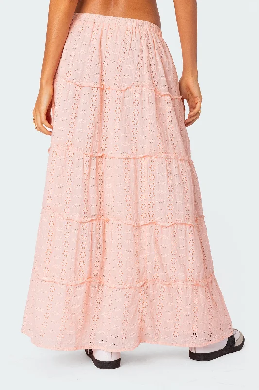 Tiered Eyelet Slitted Maxi Skirt