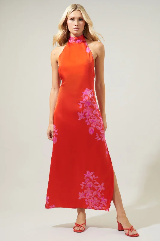 The Sale You’ve Been Waiting For!Berlin Inferno Hawkins Satin Halter Maxi Dress
