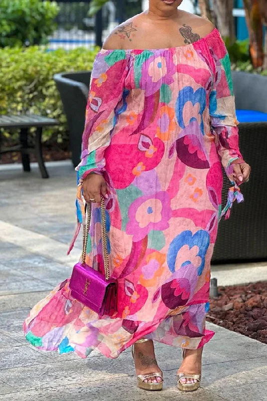 The Best Deals Won’t Wait!Cartoon Flower Print Relaxed Off Shoulder Maxi Dress