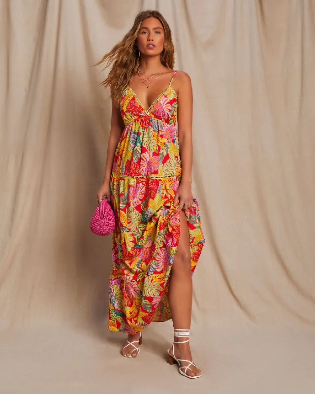 Don’t Wait – Deals Won’t Last!Fiji Tropical Tiered Lattice Trim Maxi Dress