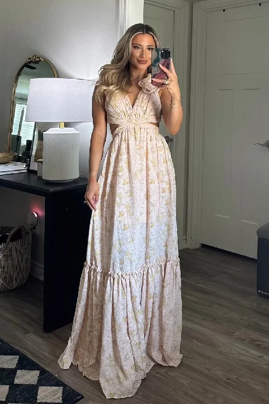 Exclusive Deals Just for You!Floral Fantasy Ruffle Cutout Maxi Dress: Light Pink