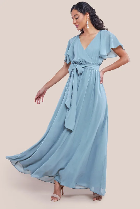Save Like Never Before!Goddiva Sustainable Chiffon Flutter Sleeve Wrap Maxi Dress - Sagegreen